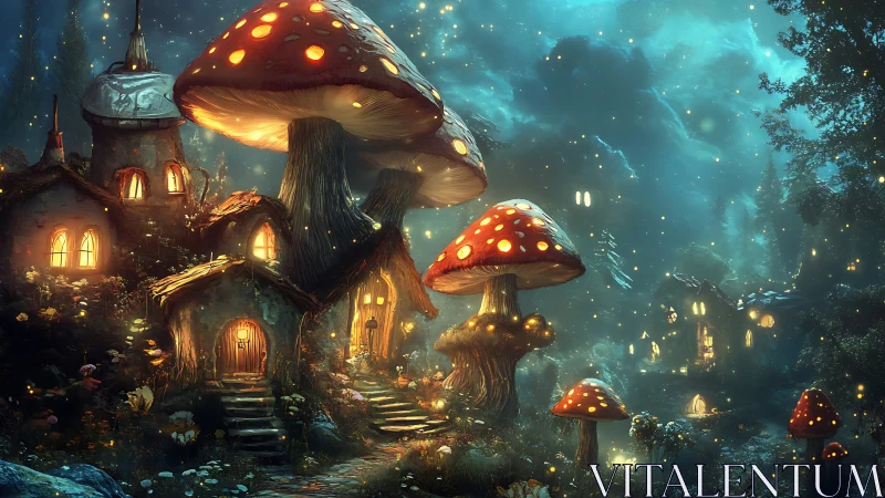 Bioluminescent mushroom village with glowing fairy-tale cottages