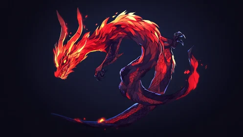 Blazing dragon coils in midair while embers glow softly