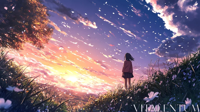 Girl watches a glowing sunset sky from a windblown hill