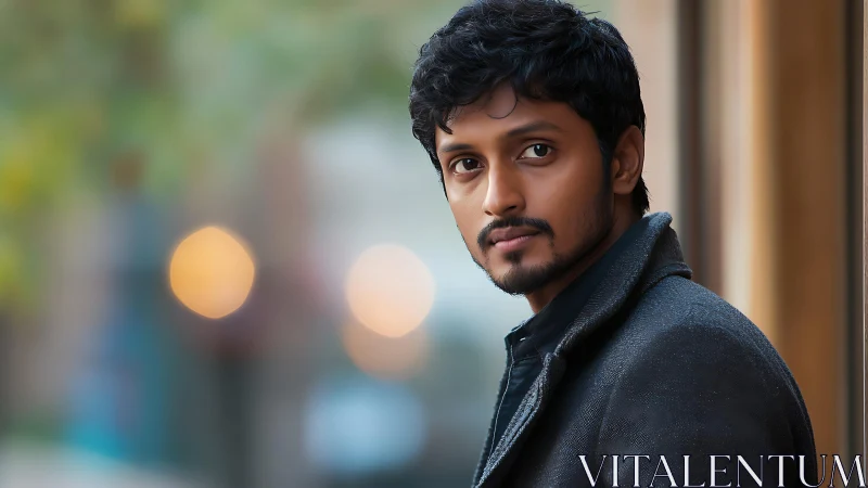 Man in dark coat in urban outdoor portrait at dusk.