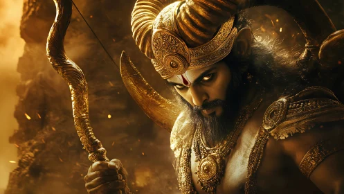 Warrior archer with ornate gold armor stares in intense focus