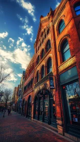 Sunlit brick titan leaning into a cobalt winter sky.