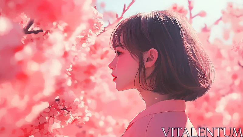 Profile portrait of girl surrounded by pink blossoms.