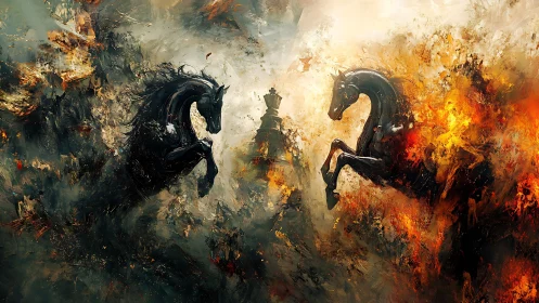 Digital painting of dueling warhorses with chess motif composition.