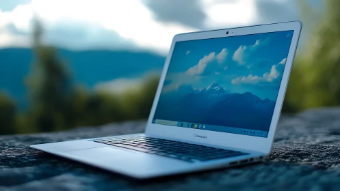 Crisp silver laptop welcomes relaxed work in mountain air