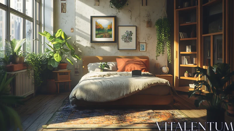 Sunlit biophilic bedroom interior rendered in photoreal detail