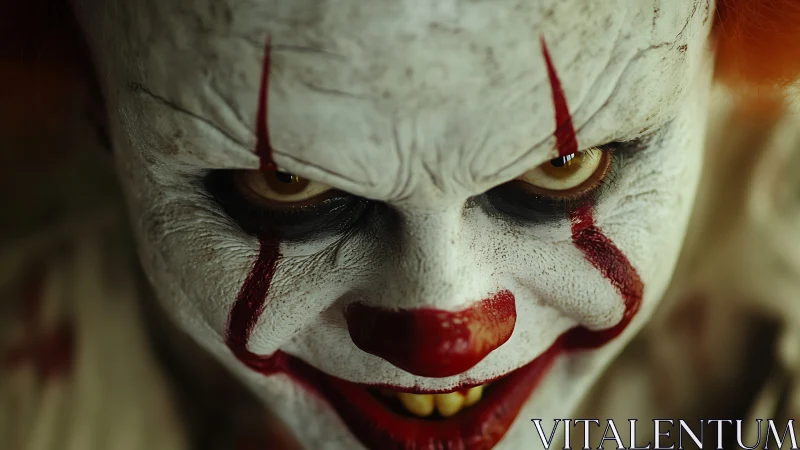 Extreme close-up of horror clown makeup with intense gaze and cracks