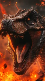 Roaring dinosaur head amid bright orange erupting flames.