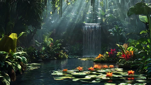 Tropical rainforest pool with waterfall, lilies and rim lighting