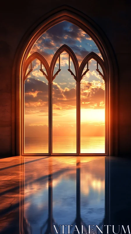 Gothic arched window frames vivid sunset over calm sea