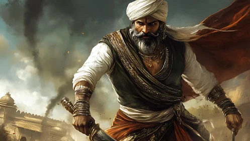 Storm-eyed desert warlord strides through embattled dawn.