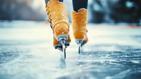 Yellow ice skates gliding over a smooth outdoor rink.