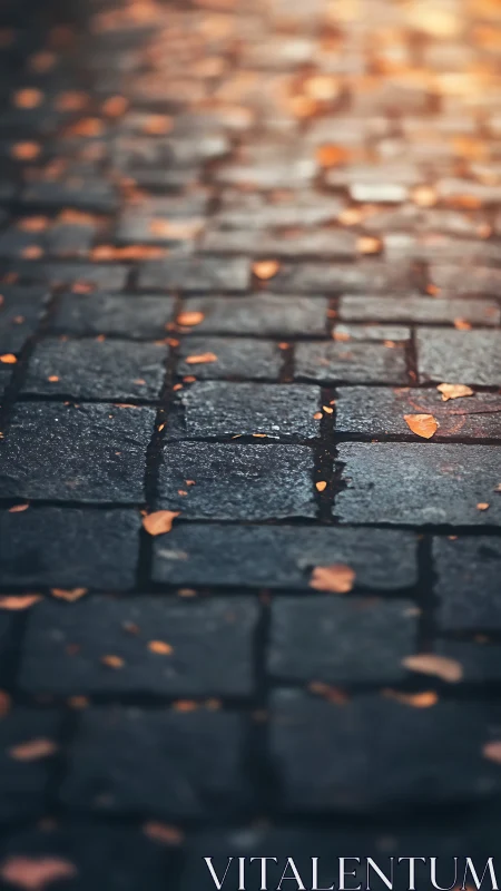Golden leaves resting gently on a quiet stone path.