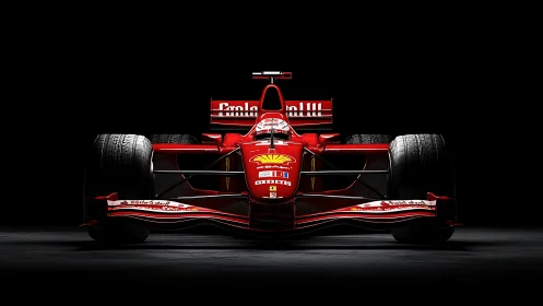 Red Formula 1 racing car front view on dark background.