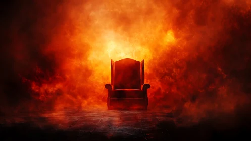 Red armchair silhouetted against intense flame and smoke environment