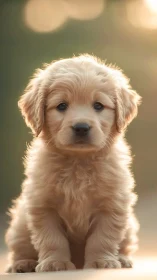 Photorealistic portrait of golden puppy in soft backlight.