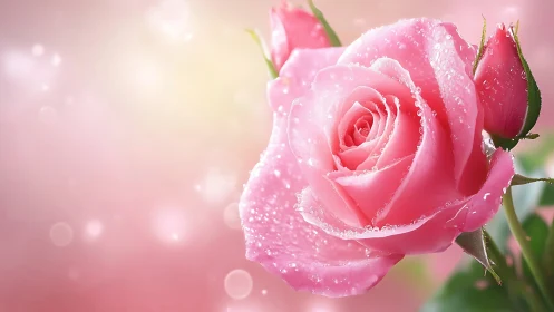 Pink Rose with Dew Drops in Morning Light Bokeh.