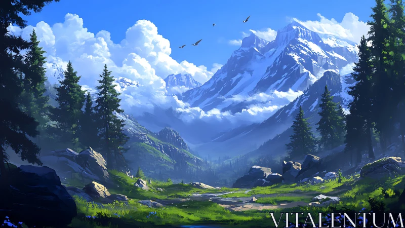 Sunlit alpine valley below towering snowcapped peaks.