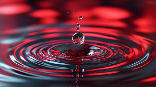 Water droplet creating ripples on reflective red surface