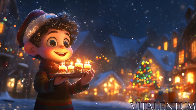 Child carries glowing cakes through snowy Christmas village.