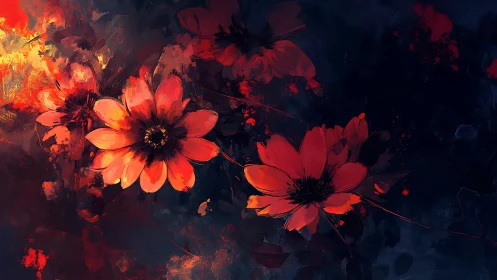 Chromatic red blossoms against deep indigo abstract field