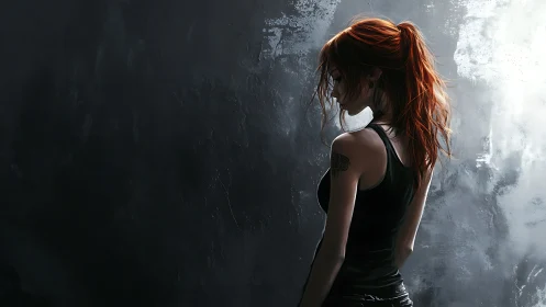 Quiet strength glows around a red-haired woman in shadow
