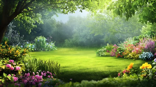 Sunlit garden clearing framed by lush flowering borders.