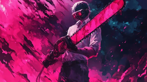 Cyberpunk chainsaw warrior in neon-splatter digital painting.