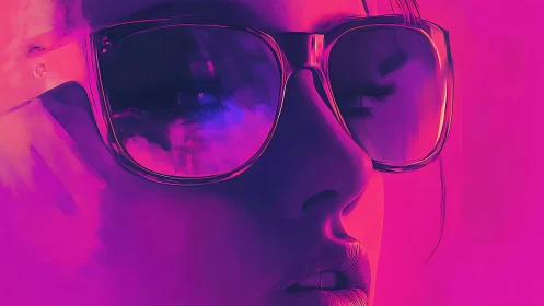 Neon-lit portrait in magenta glow with reflective shades.