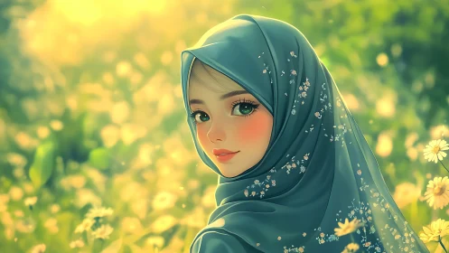 Hijabi girl in sunlit flower meadow digital portrait.