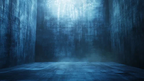 Blue void chamber drenched in misty light and quiet tension.