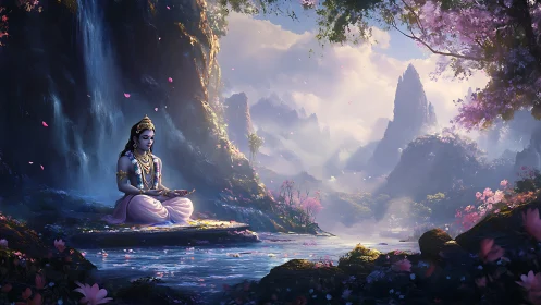 Lotus sage in jewel-toned valley of drifting petals.