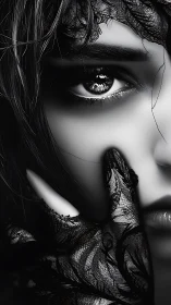 Monochrome close-up of partially veiled female face detail.