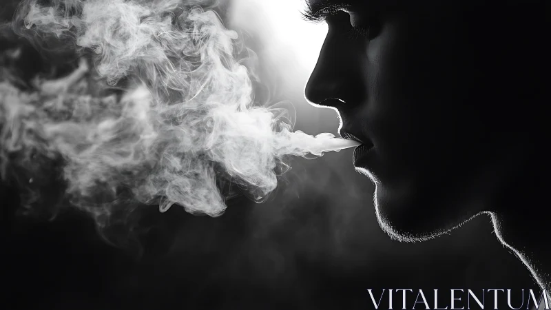 High contrast side-profile portrait capturing exhaled smoke plume