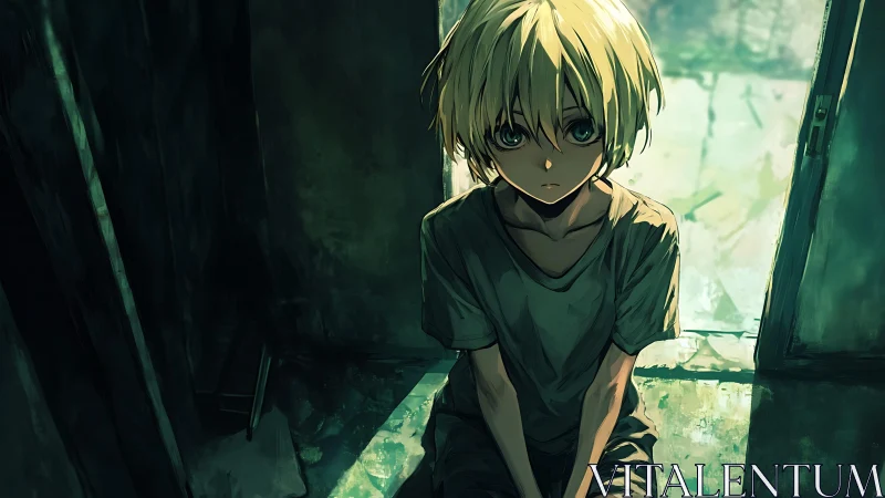 Backlit blond child in dilapidated doorway with high contrast lighting