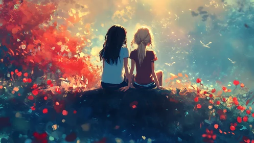 Sunlit friends resting on hill amid vibrant painted meadow.