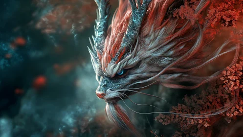 Mystical coral dragon drifting through a stormy dreamscape.