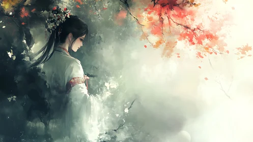 Solitary woman in hanfu beneath pale autumn light.