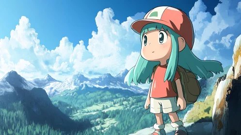 Child hiker on mountain ledge overlooking alpine valley.