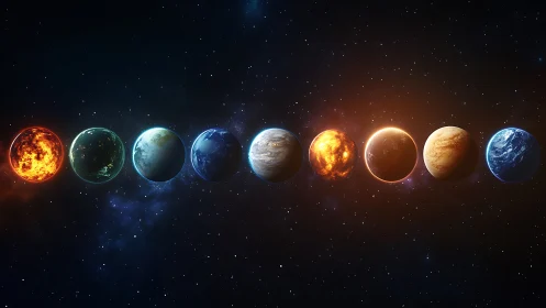 Evolving exoplanet lineup across deep cosmic backdrop.