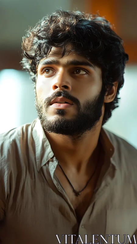 Photorealistic portrait with warm backlighting and shallow depth.