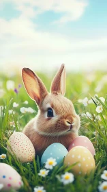 Easter bunny nestled among pastel eggs in spring meadow.