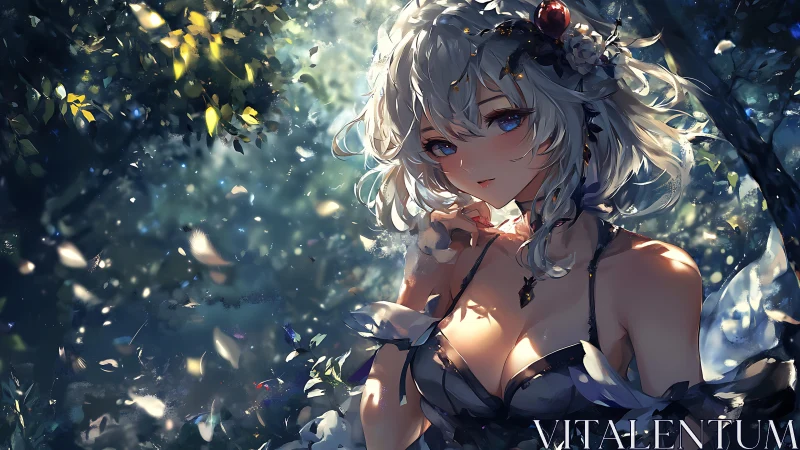 White haired anime girl in glowing forest clearing scene.
