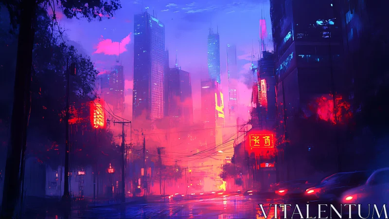 Neon drenched cyberpunk avenue under magenta fog and towers