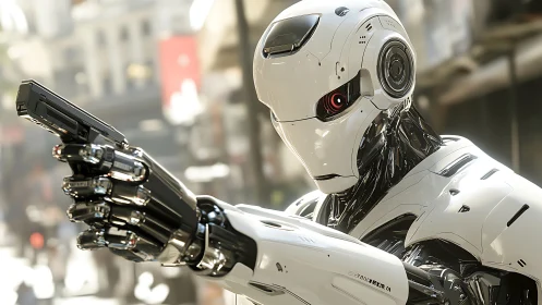 Photoreal 3D combat droid with weapon-focused urban framing.