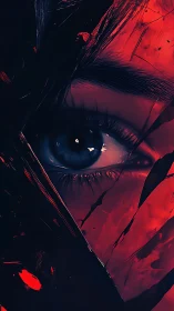 Crimson fractures cradle a vigilant blue eye in shadowed glare