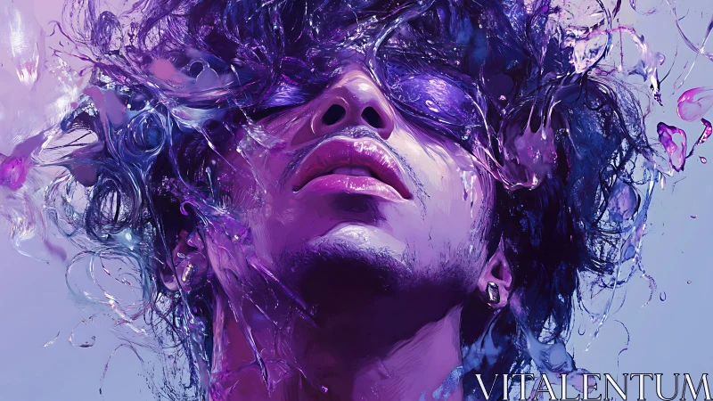 Vivid purple portrait dissolving into liquid abstraction.