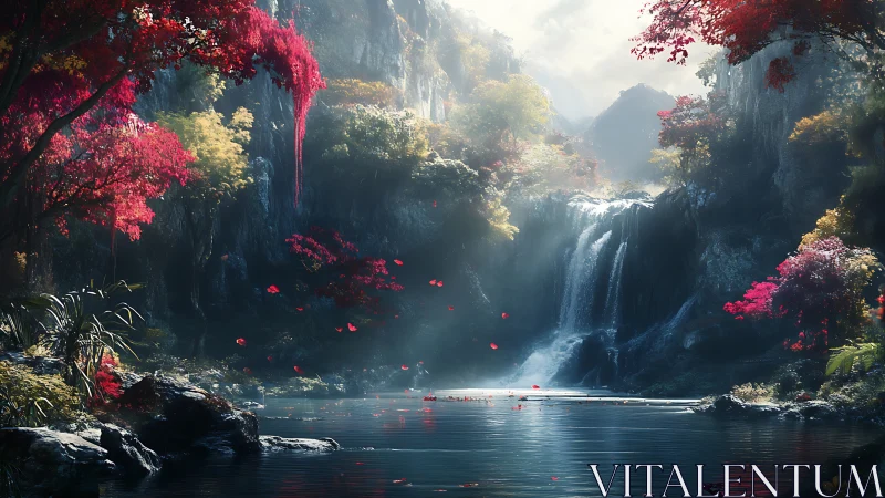 Crimson blossoms drift while a hidden waterfall hushes the valley