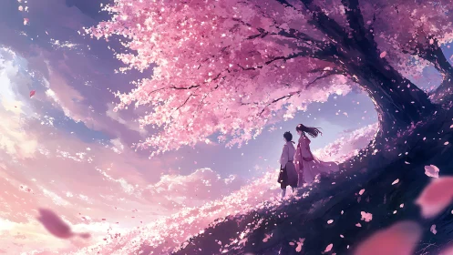 Wind-swept cherry hillside with silhouetted anime figures poised.