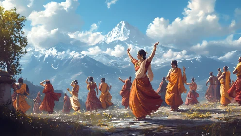 Himalayan procession in dynamic saffron robes, atmospheric light.